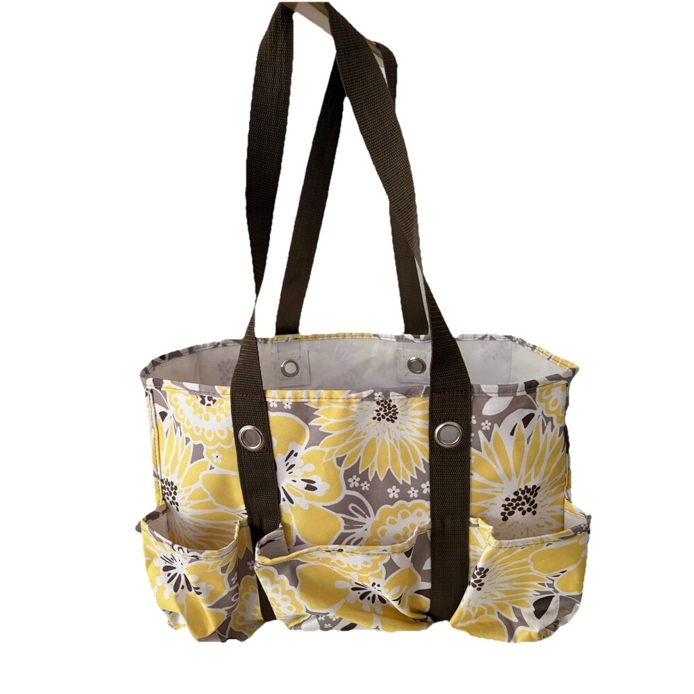 Thirty one Keep It Caddy Utility Tote Bag Yellow Gray Floral Brown Straps Large
